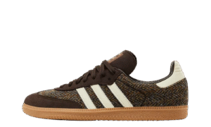 adidas Samba OG Dark Brown Tweed vista laterale con tomaia in pelle e tessuto tweed marrone scuro