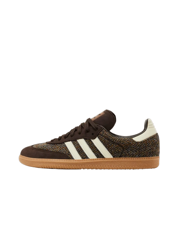 adidas Samba OG Dark Brown Tweed vista laterale con tomaia in pelle e tessuto tweed marrone scuro